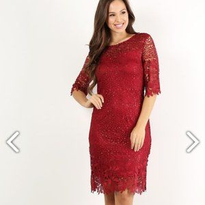 Burgundy 3/4 Sleeve Crochet Lace Dress